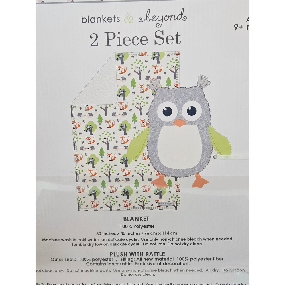 Blankets & Beyond 2pc Set Owl Plush Rattle Woodland Fox Fleece Blanket 30x45 NEW - Picture 3 of 3